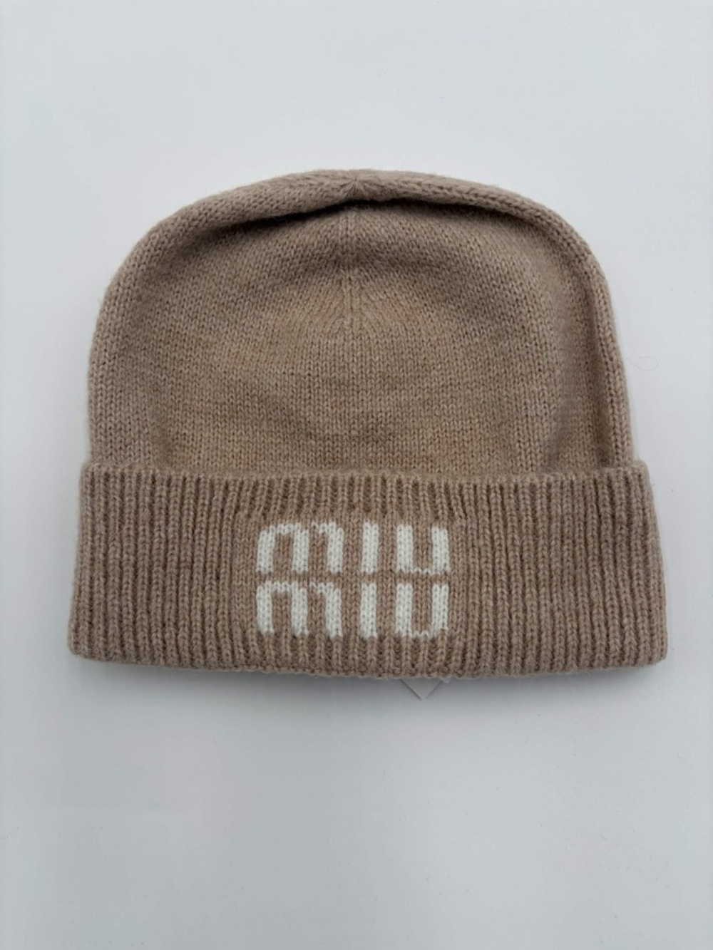 Miu Miu Taupe Knit Beanie with White Logo Cuff